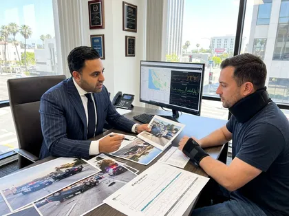 Accident attorney analyzes crash scene images and digital vehicle data with injured client wearing neck and wrist braces