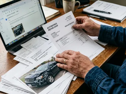 Auto repair invoice and legal claim email reviewed with crash photos for vehicle damage compensation case