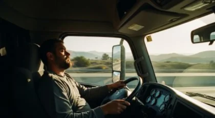 Camionero cansado con los ojos cerrados mientras conduce por la autopista