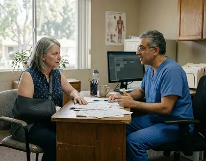 Car accident injury claim discussion in clinic with doctor reviewing records for a fair insurance settlement offer