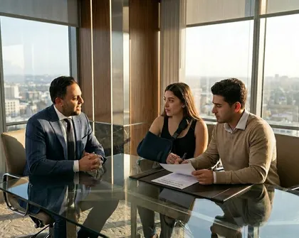 Car accident lawyer explains settlement offer to injured woman in arm sling and partner during consultation