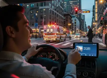Conductor distraído por la música alta y el uso del teléfono mientras conduce por el tráfico urbano