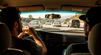 Conductor que bebe alcohol al volante en una autopista muy transitada