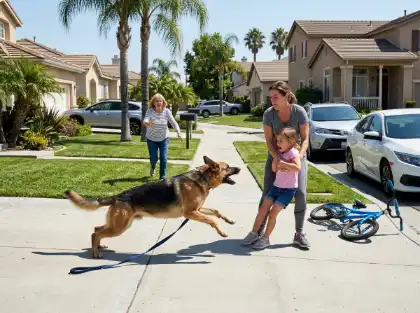Dog lunging near child on suburban sidewalk
