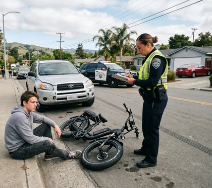 E-bike rider injured in traffic accident sitting on sidewalk near fallen electric bike and damaged SUV