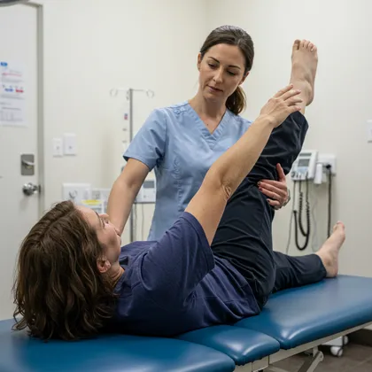 Fisioterapeuta que ayuda a un paciente con la movilidad de las piernas durante la fase inicial de la rehabilitación