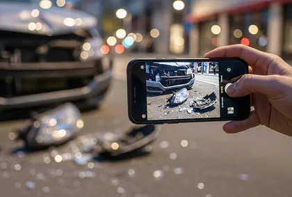 Fotografiar las pruebas de la escena del accidente para una reclamación por accidente de tráfico sin informe policial