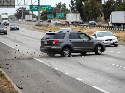 Freeway accident involving SUV with blown tire, skid marks, debris, and surrounding traffic