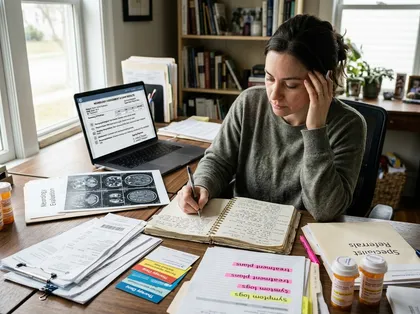 Home office setup showing a person cross-referencing MRI scans, treatment plans, and specialist referrals