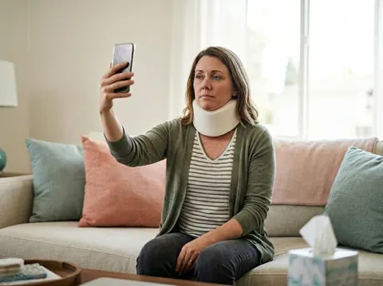 Home recovery scenario showing woman using smartphone to capture neck injury for documentation