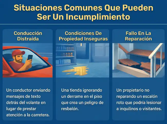 Infografía con ejemplos de incumplimiento del deber en reclamaciones por negligencia en casos de lesiones personales