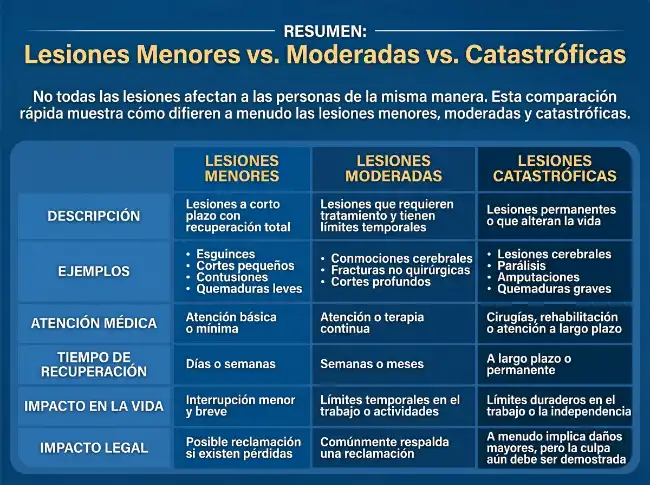 Infografía sobre lesiones leves, moderadas y catastróficas para reclamaciones por daños personales
