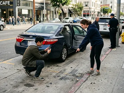 Injured Uber passenger documents accident scene near curb, pointing to skid marks beside rideshare vehicle