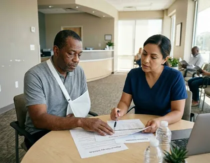 Injured accident victim reviews medical treatment records and insurance paperwork to assess a good car accident settlement offer