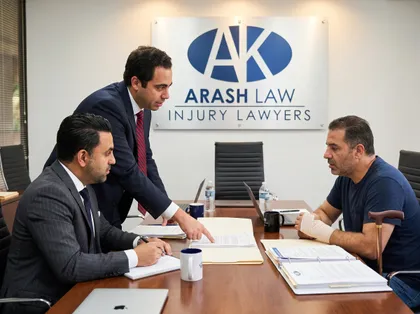 Injured client discussing case details with personal injury lawyers during consultation