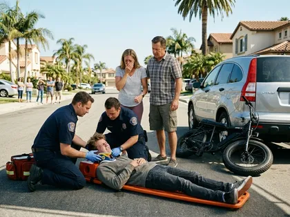 Injured e-bike rider receiving emergency medical treatment after collision with car