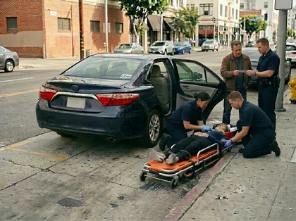 Injured rideshare passenger receives emergency medical care beside Uber sedan after curbside crash