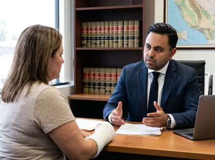 Injured woman meets attorney to review compensation paperwork and legal case details