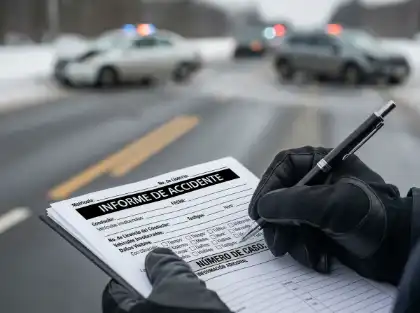 La policía documenta el lugar del accidente para respaldar la responsabilidad civil en las reclamaciones por un choque en cadena en una carretera helada