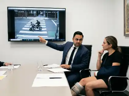 Lawyer reviewing CCTV footage with an injured client