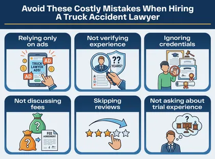 Legal infographic explaining common mistakes to avoid when choosing a truck accident lawyer