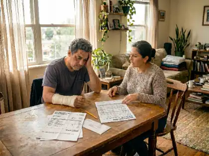 Man with bandaged arm reviewing medical bills at home