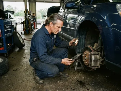 Mechanic inspecting worn brake pads causing potential mechanical failure accident
