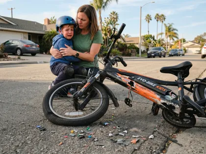 Mother comforting injured child after e-bike accident injury