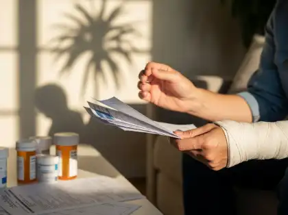 Persona lesionada revisando facturas médicas tras un accidente