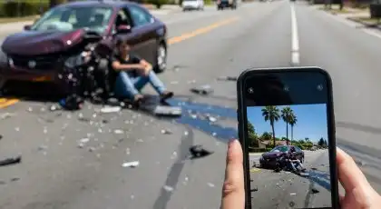 Persona que utiliza un teléfono inteligente para fotografiar el lugar de un accidente de tráfico