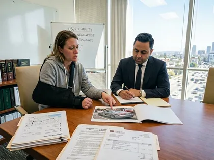 Personal injury attorney documents Uber accident claim while injured client in sling explains crash details and damages