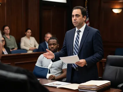 Personal injury lawyer presenting case in courtroom with injured client wearing arm sling behind him