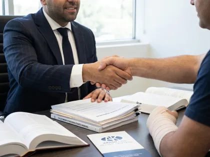 Personal injury lawyer shaking hands with injured client after signing legal representation agreement