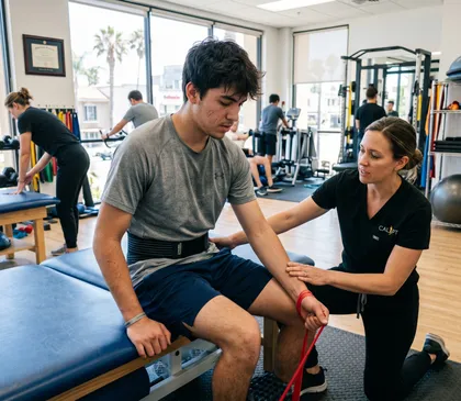 Physical therapist helps young man with arm rehabilitation after an e-bike accident injury