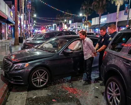 Police detain impaired driver after drunk driving accident with vehicle damage, shattered glass, and busy nightlife traffic nearby