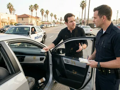 Police officer inspecting Uber vehicle after sudden braking accident injury