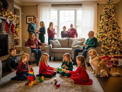 Reunión familiar en un salón decorado para las fiestas, con niños jugando junto a un perro grande