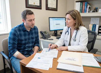Truck accident victim discussing medical lien treatment with doctor