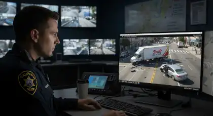 Un agente de policía revisa las imágenes de las cámaras de vigilancia de un accidente de un camión de reparto para determinar la responsabilidad