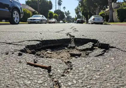 Un bache en la carretera que provoca daños en los neumáticos y riesgo de accidentes