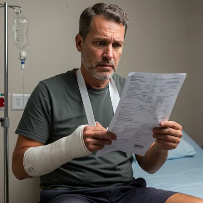 Un hombre lesionado revisa las facturas médicas tras un accidente relacionado con Airbnb