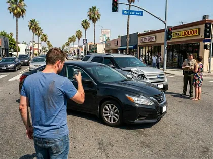 Un hombre que fotografía el lugar de un accidente en un cruce para recabar pruebas para una reclamación por lesiones