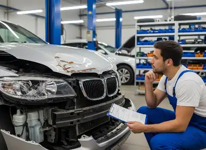 Un mecánico de automóviles inspecciona los daños en la parte delantera de un coche tras un accidente provocado por música a todo volumen, para la evaluación del seguro