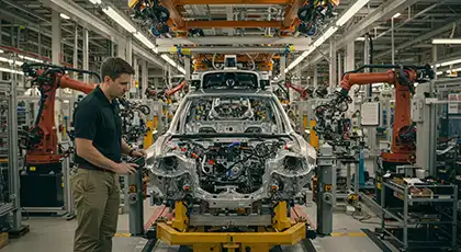 Un técnico inspecciona un coche autónomo en la cadena de montaje de una fábrica automatizada