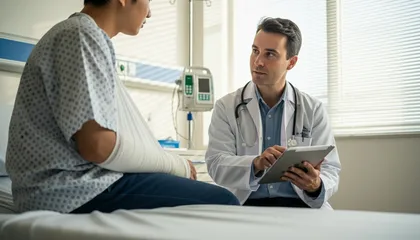 Un trabajador lesionado hablando con un médico sobre el tratamiento médico en el marco de la indemnización por accidente laboral