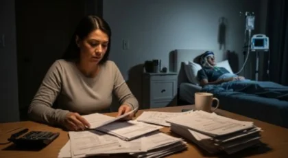 Una mujer preocupada revisa las facturas médicas mientras su ser querido, que se encuentra herido, yace en la cama del hospital