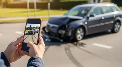 Una persona que toma una foto de un coche siniestrado en el lugar de un accidente para documentar las pruebas