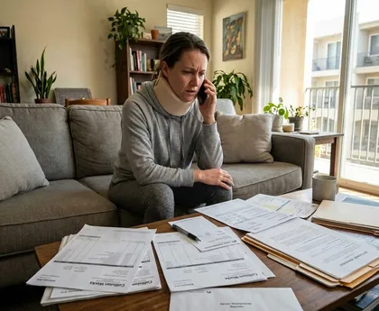 Woman wearing a neck brace sitting on a couch, reviewing documents and talking on the phone