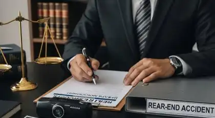 Abogado revisando documentos de accidente por alcance en un escritorio con archivos legales, una balanza de la justicia y una dashcam