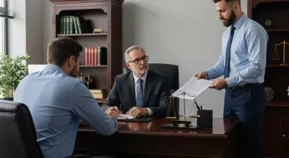 Abogados de lesiones personales revisando un caso de accidente de tráfico con un cliente